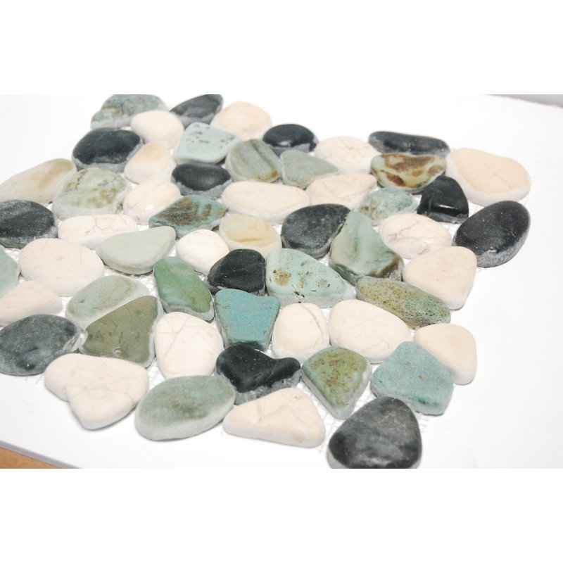 Tumble White-Green-Black Leveled Pebble Mosaic 12" x 12"