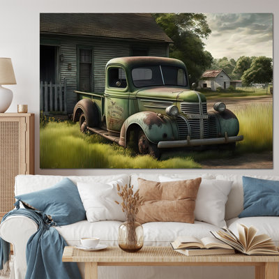 «Green Old Truck At The Barn», art mural sur toile de campagne / campagne