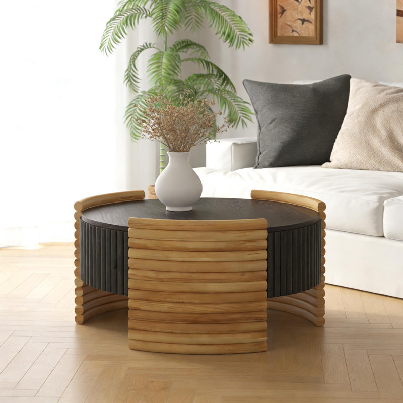 Table basse 31,5 "moderne à blocs de couleurs avec rangement rabattable, table d'appoint en bois rayé au fini naturel