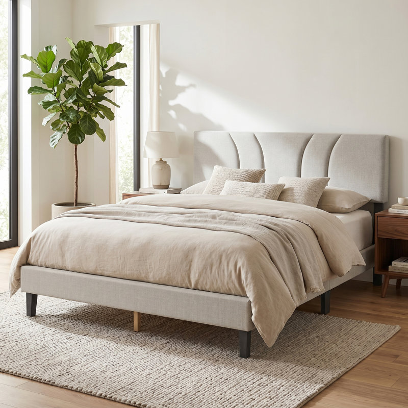 Platform Bed Frame with Wood Slats Headboard Included, Queen Size, No Box Spring Needed, White, Queen