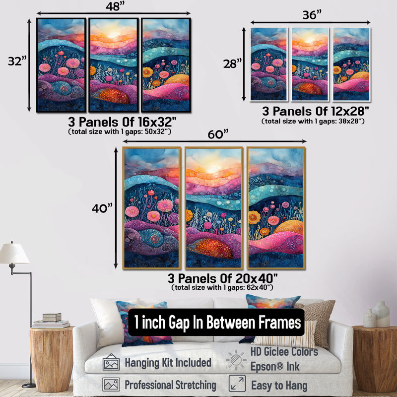 «Pink and Blue Coastal Coral Under Dream I», ensemble d'art mural côtier, Toile avec cadre flottant or