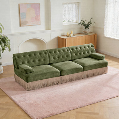 3-Seater Pet-Friendly Velvet Chesterfield Sofa, Button Tufted Modular Couch With Tassel Fringe Skirt, Free Combination Sectional Sofa