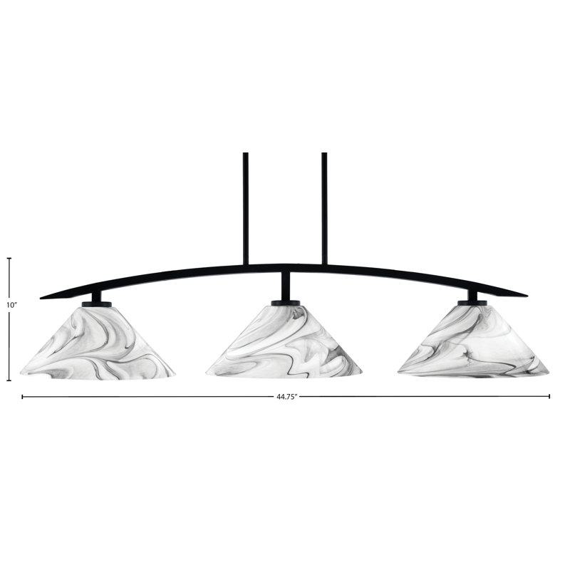 Kurve 3 Light Island Light Shown In Matte Black Finish With 12" Onyx Swirl Glass
