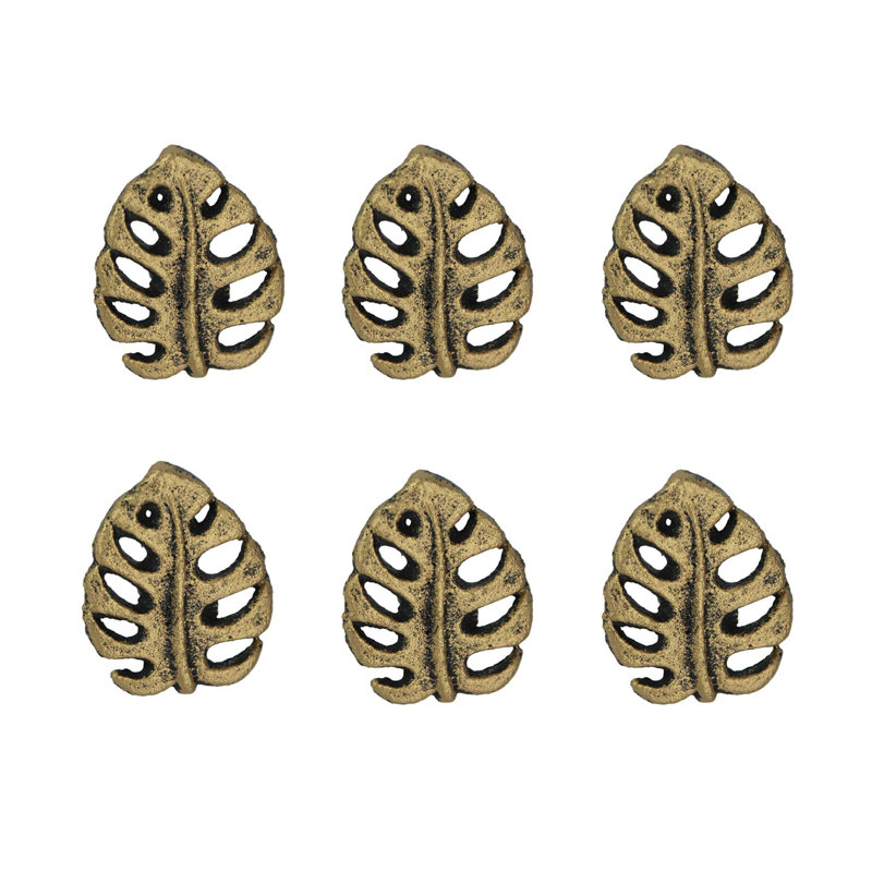 Tropical antique gold cast iron monstera leaf drawer pulls and cabinet knobs, set of 6 — 1.5" L x 1" D x 2" H, Gold
