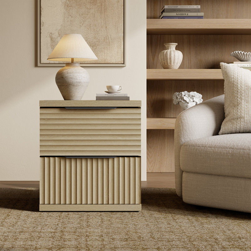 Modern Fluted 2-Drawer Nightstand, Coastal Oak