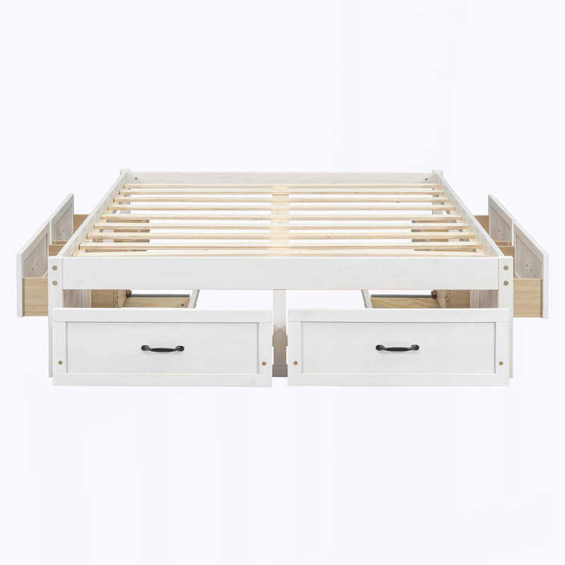 Lit plateforme double avec 6 tiroirs de rangement, Blanc antique