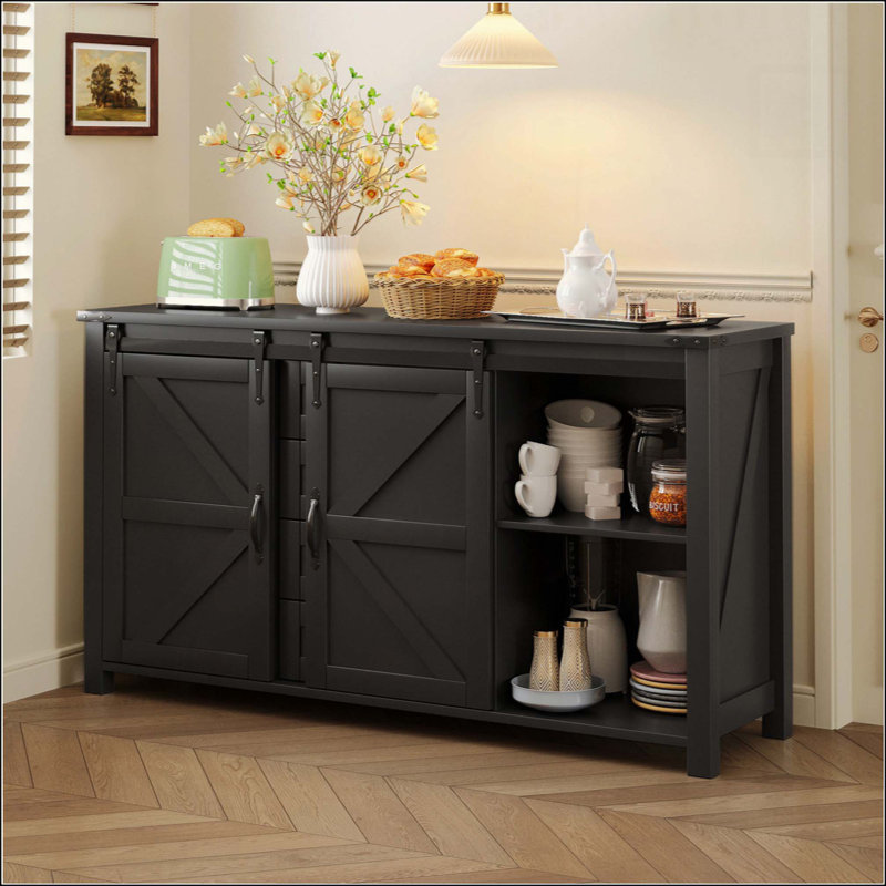Farmhouse Sideboard Buffet Cabinet with Sliding Barn Doors, 4 Drawers, Built-in Power Outlet, Wood Storage Table with Anti-Slip Foot Pads for Kitchen, Dining Room, Living Room