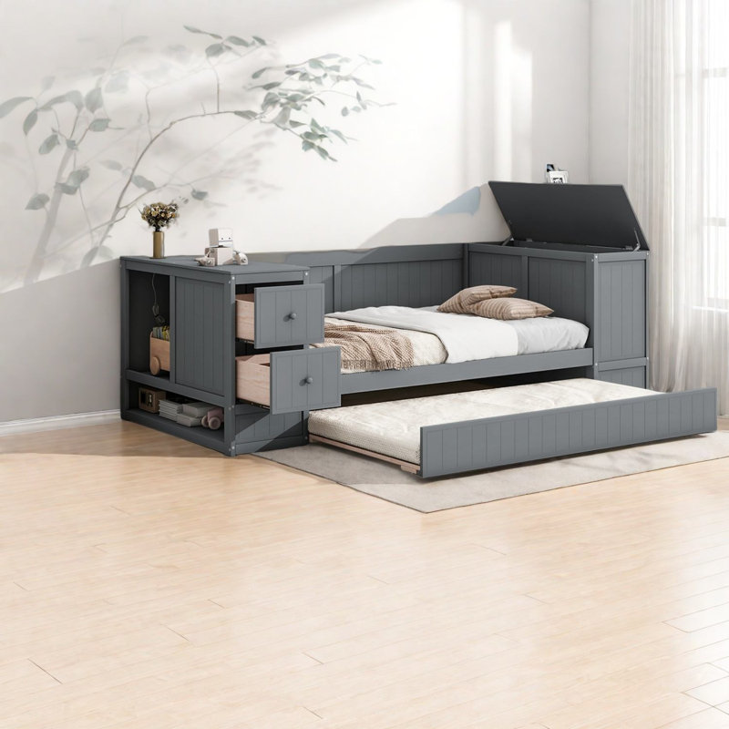 Lit de jour en bois robuste avec rangement, gris moderne, pour un usage domestique