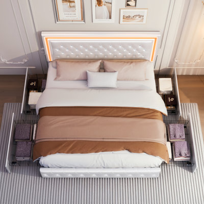 Structure de lit tapissier avec lumières DEL Rhythm Sync, tête de lit capitonnée à losange réglable, 4 tiroirs de rangement, aucun sommier tapissier requis, similicuir