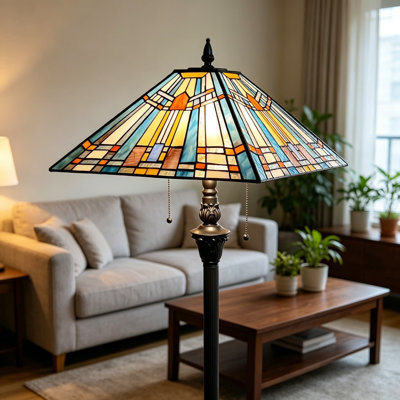 Tiffany Style Floor Lamp With Stained Glass Shade, Vintage Antique Double Light Standing Lamp For Living Room, Bedroom, And Office Decor