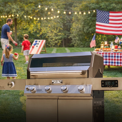  🎖️Monument Grills Smart Denali 405 4-Burner Stainless Steel Propane Gas Grill with Clearview Lid, 60,000 BTU🔥, Bluetooth App Control & LED Knobs📱 – Ideal for Family BBQs🥩