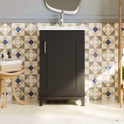 Petit meuble-lavabo moderne de 20 pouces avec lavabo en céramique - 20 * 14,5 * 33,3 pouces, rangement spacieux, 1 porte à fermeture douce
