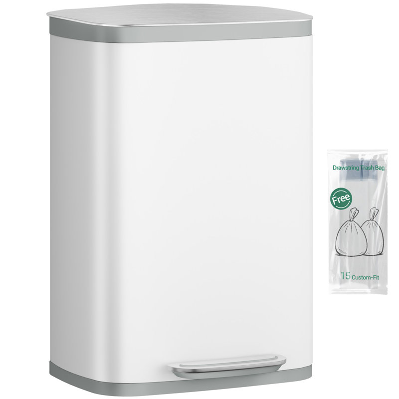 Kitchen Bin 50L, Recycling Bins for Kitchen, Stainless Steel Pedal Bin with Soft-Close Lid, Rubbish Bins with Handle, Removable Inner Bucket, 15 Bin Bags, White 
