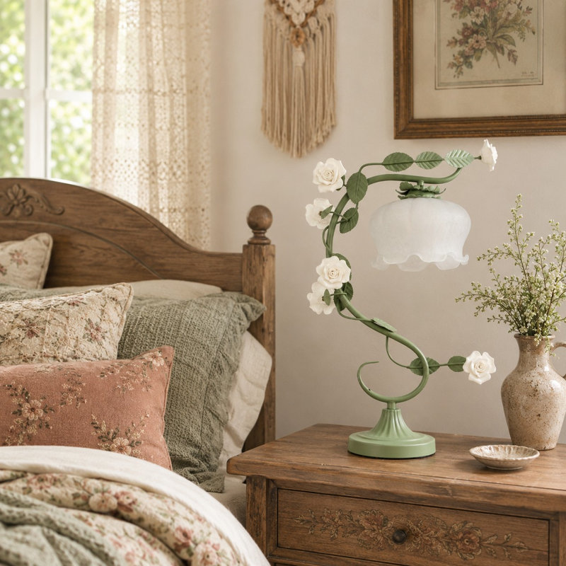 21 ''High Floral Table Lamp,  Led Desk Lamp, Floral Bionic With Glass Lamp Shades Rose, For Bedroom, Office, Living Room