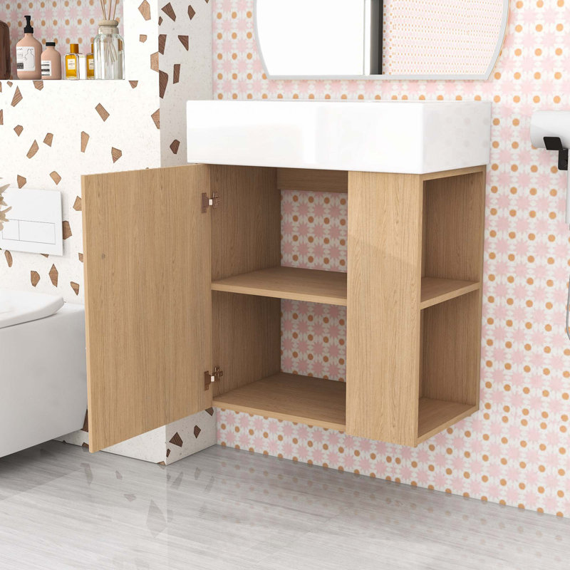 Maurice Modern Floating Bathroom Vanity with Ceramic Sink, Wave-Patterned Door and Storage Shelves, Wood