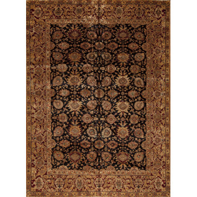 Tapis noir / or en laine noué à la main de conception unique 12 pi 1 po x 16 pi 5 po Noble House
