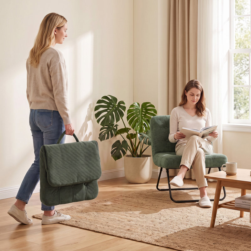 Foldable Accent Chair with Backrest, Wide Seat, Cream White, Light Green