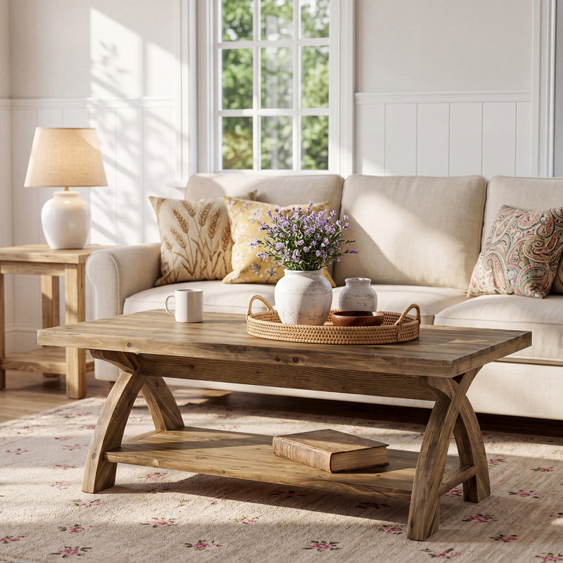 Table basse en bois massif avec tablette de rangement, table centrale rectangulaire rustique