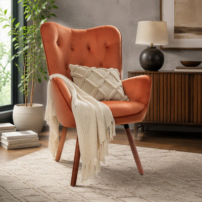 Fauteuil à oreilles de style Mid-Century moderne, fauteuil capitonné en tissu de polyester avec pieds évasés en bois massif pour le salon et la chambre à coucher