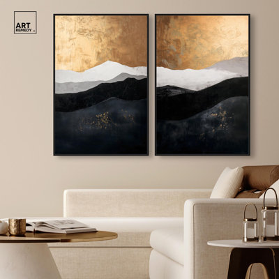 «Golden Vista Duo», ensemble d'art abstrait sur toile par Art Remedy, cadre noir, 24 x 36