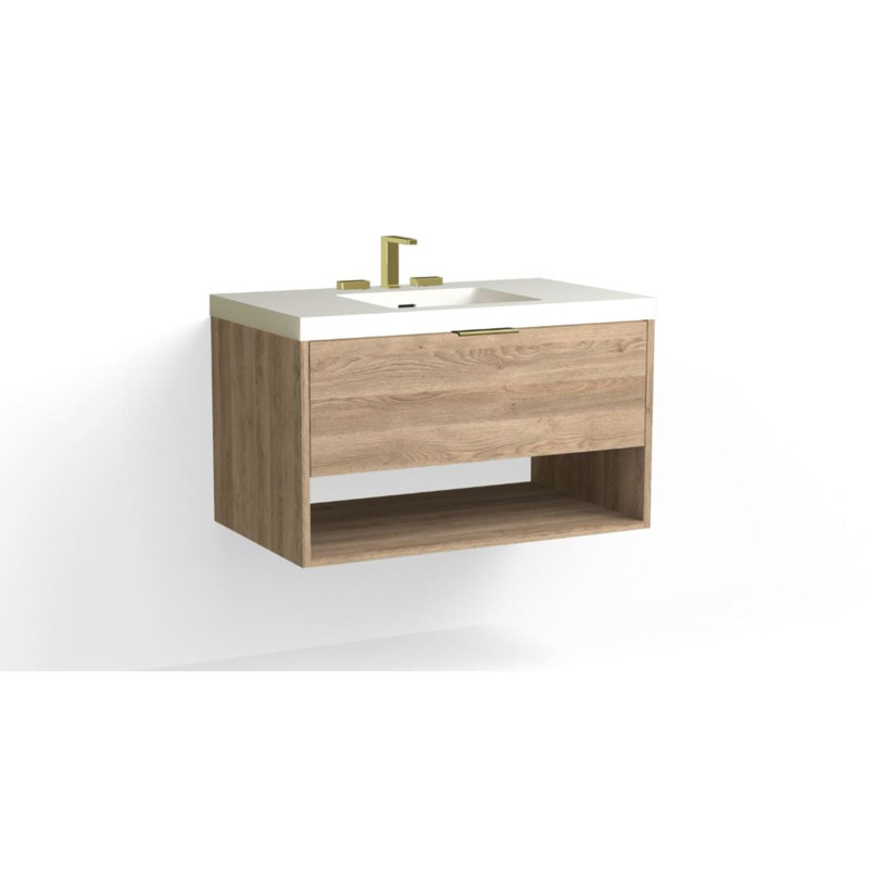 Modo 36" W Wall Mounted Single Bathroom Vanity, Matte White/8" Widespread, White Acrylic, Matte Black