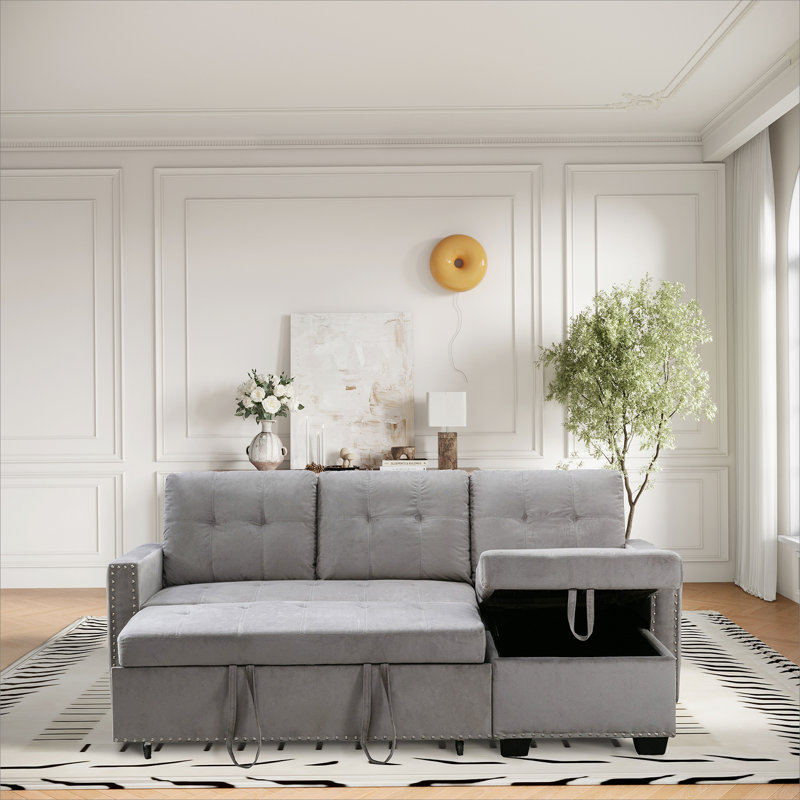 77 Inch Reversible Sectional Storage Sleeper Sofa Bed,L-Shape 2 Seat Sectional Chaise With Storage,Skin-Feeling Velvet Fabric,Light Grey Color For Living Room Furniture