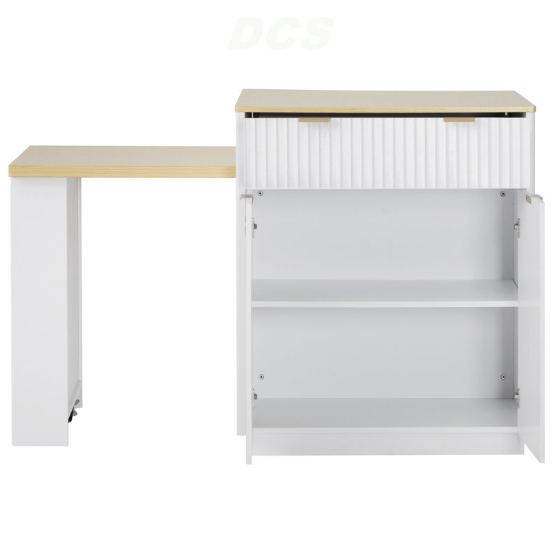 82.6" Fluted Kitchen Island With Extendable Dining Table For 4-6, Island Table For Kitchen With Power Outlet, Kitchen Table With Double-Side Storage, 2 Drawers 2 Side Open Shelves, White, Kitchen Island