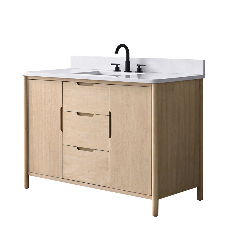 Meuble-lavabo autoportant à simple cuve 48 po avec dessus en pierre reconstituée, centrale électrique cachée, support de chargement USB et support pour sèche-cheveux Lucerne 