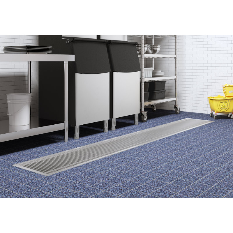 Bonde de plancher en acier inoxydable 18 po x 108 po, calibre 14 avec grille de style métro et panier de vidange amovible, homologuée NSF (km-ftg-18108)