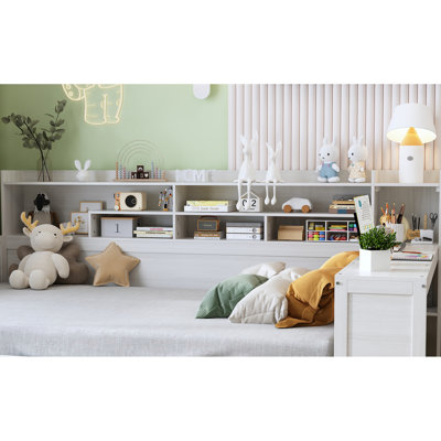 Lit de jour simple en bois avec tiroirs inférieurs et bureau d'étude, compartiments de rangement blanc antique