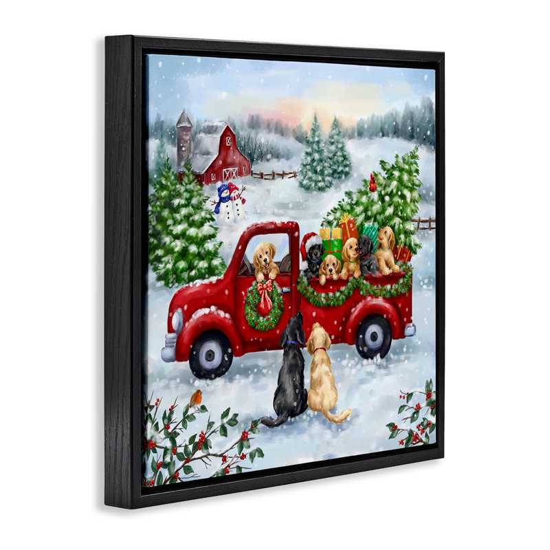 Art mural en toile «Holiday Truck & Tree» par Jean François, H 25 po x l 25 po, Cadre flottant noir de jais