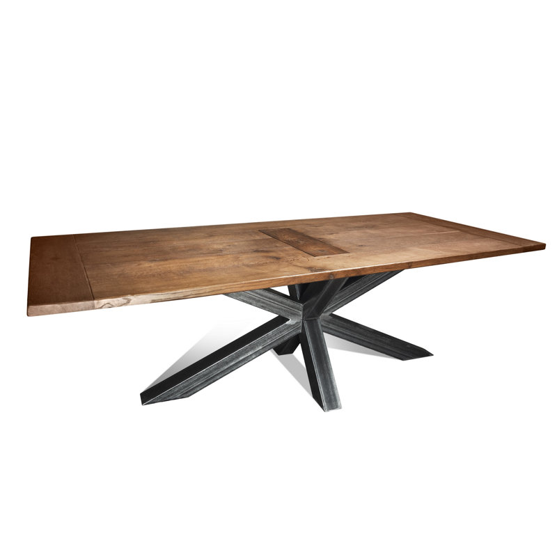 Oak Solid Wood Top Metal Base Dining Table, 75cm H x 220cm W x 100cm D, Brown/Black