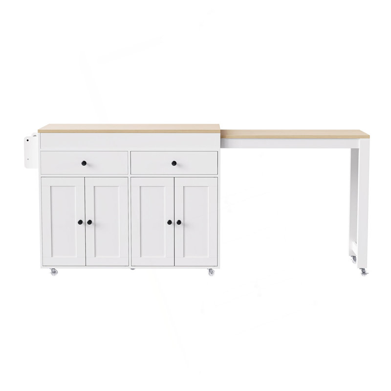 74.5 Inch Kitchen Island With Extendable Dining Table , Rolling Kitchen Island On Wheels With Spice Rack And 2 Drawers, 4 Door Cabinet, For Kitchen, Dining Room (One Package)