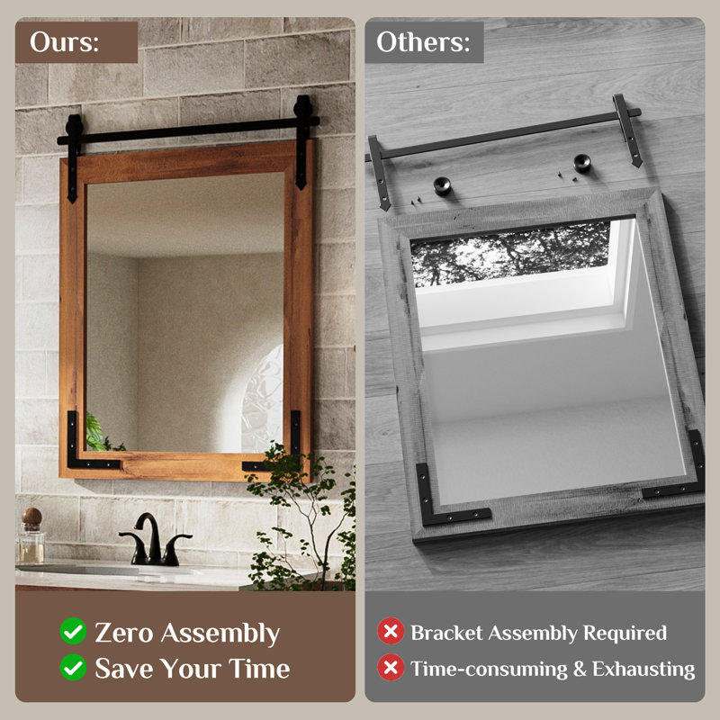 Brunilda Rustic Farmhouse Solid Wood Frame Accent Mirror Decorative Mirror, 40" x 26", Brown