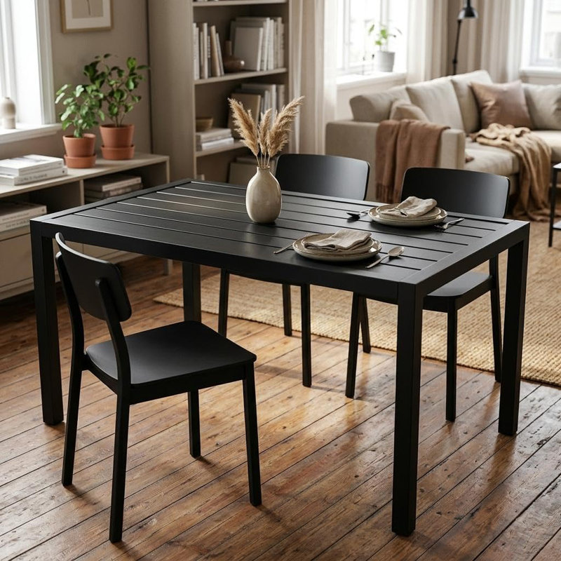 Table de salle à manger d'extérieur rectangulaire avec structure en fer et plateau à lattes