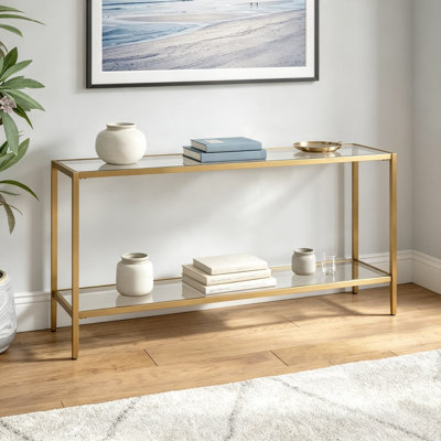 Console rectangulaire avec tablette en verre, table d'entrée moderne pour le salon, le couloir ou le bureau, cadre en métal élégant avec tablettes en verre transparent