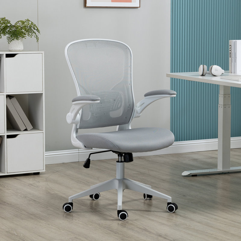 Modern Ergonomic Mid Back Mesh Office Chair with Adjustable Lumbar Support and Flip-Up Arms, White/Gray