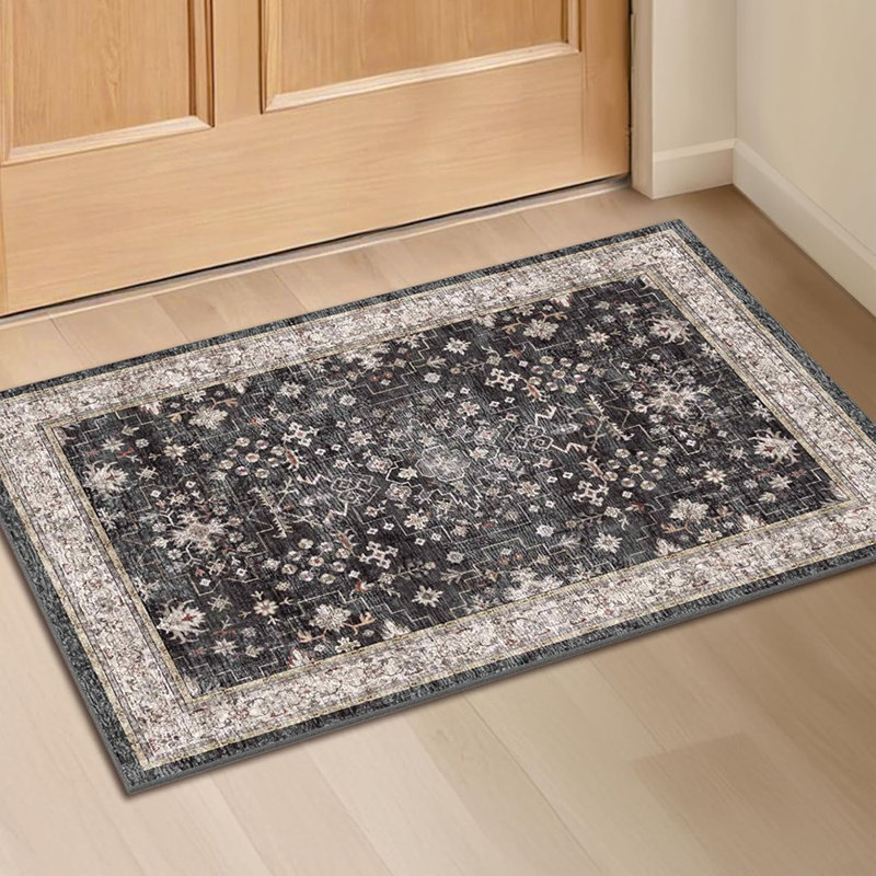 Tapis d'entrée - Gris anthracite cendré - Petit, lavable, envers en caoutchouc antidérapant, résistant aux taches et à la décoloration, utilisation intérieure, décoration florale de ferme
