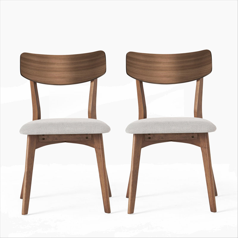 Mid-Century Walnut Finished Frame Upholstered Dining Chairs (Set of 2), Light Beige, 2