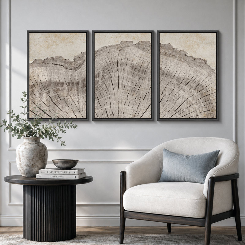 Anneau d'arbre «Œuvre de souche en bois de chêne rustique, décor de cabane de ferme, photos murales neutres, 3 pièces encadrées sur toile, impression numérique sur giclée»