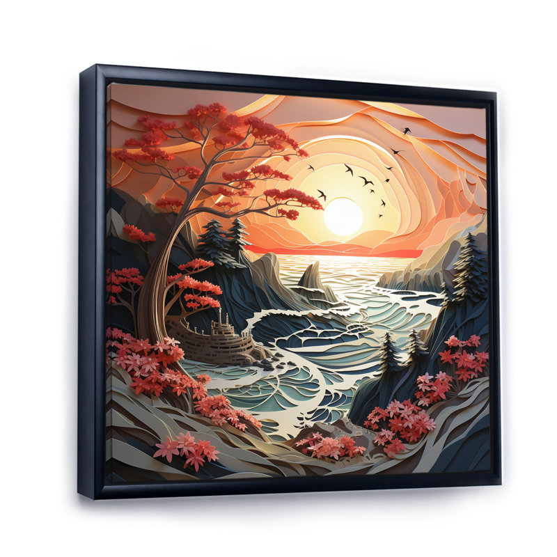Coastal Tranquillity Papercut I - Nautical & Beach Canvas Prints, Cadre flottant noir, H 24 po x l 24 po x P 1 po