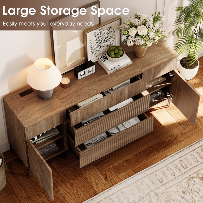 63" Wooden Reeded Sideboard With Built-In Charging Station, 3-In-1 Modern Credenza Storage Cabinet For Kitchen, Dining Room