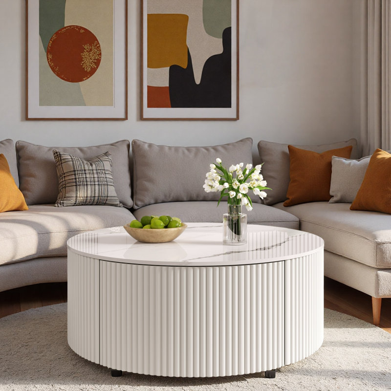 Table basse moderne et mobile avec roulettes, 2 tiroirs et plateau en marbre fritté, Blanc