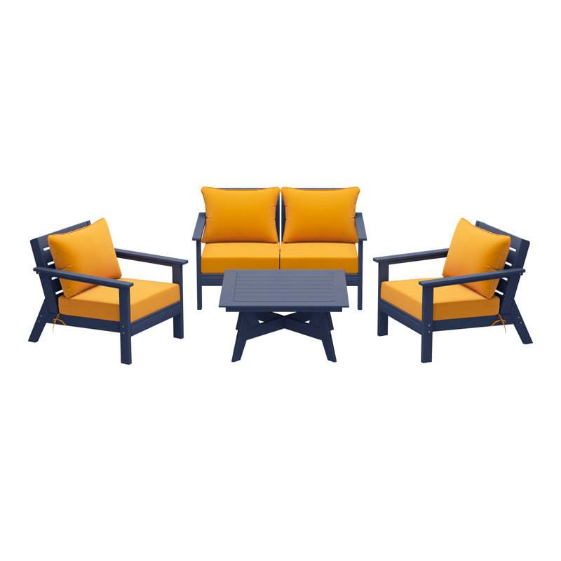 5-Piece Deep Seating Set, Navy Blue, Yellow