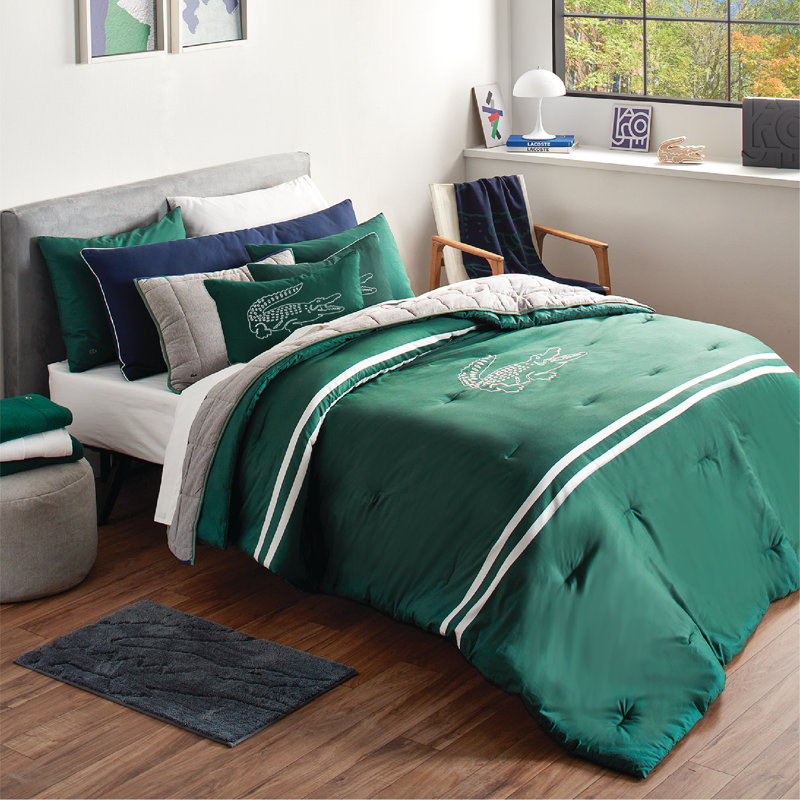 Lacoste Big Croc Cotton 3-Piece Comforter Set – Red, 100% Cotton Percale, Reversible Bedding Set with Embroidered Crocodile Shams, Green, King