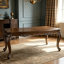 Table de salle à manger rectangulaire extensible Latisha Vintage 80-96 po – Finition chêne antique avec garniture argentée appliquée à la main, pieds et ceinture sculptés de motifs floraux, avec rallonge – Table de salle à manger pour la maison