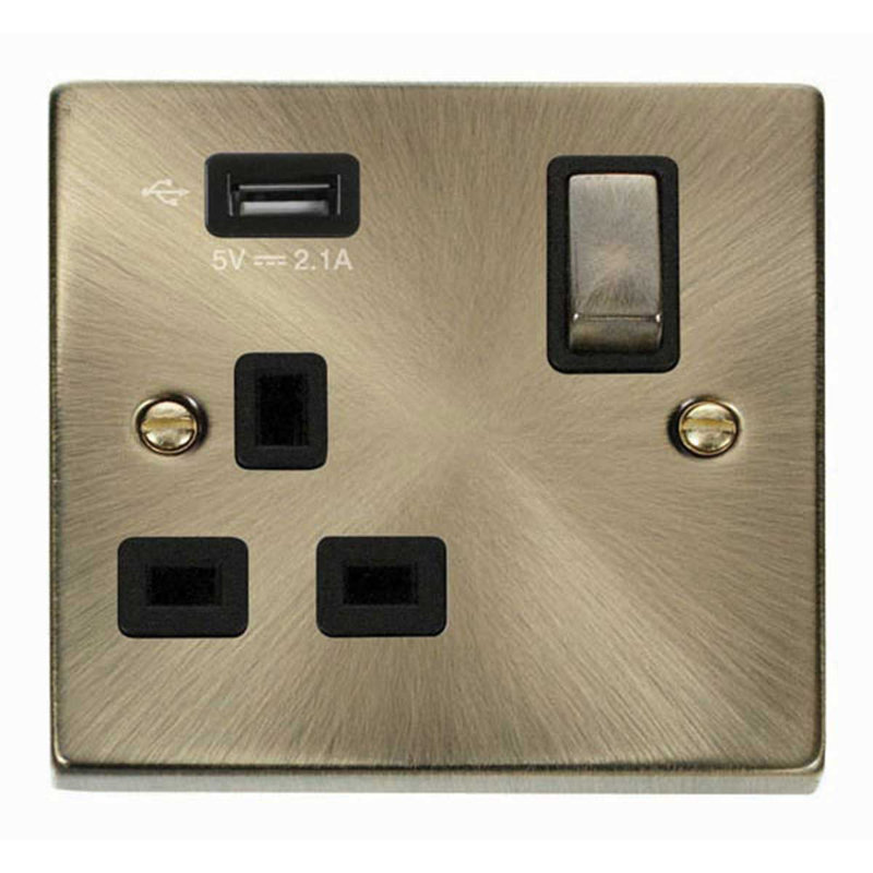 Antique Brass 1 Gang 13A DP Ingot 1 USB Switched Plug Socket