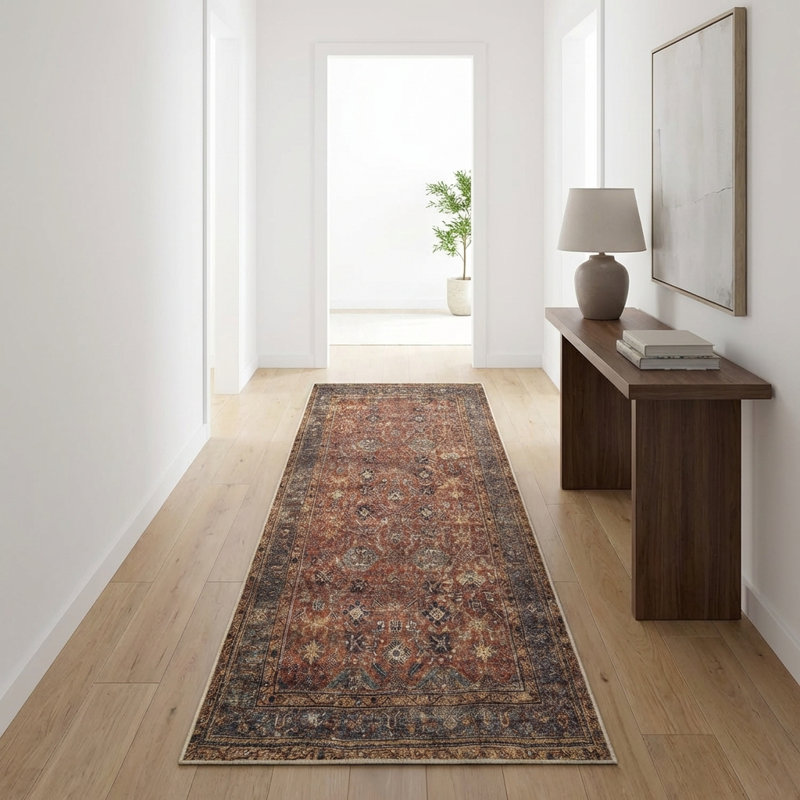 Machine Washable Non-Slip - Terracotta / Mustard Traditional Rug, Runner 2'6" x 12'