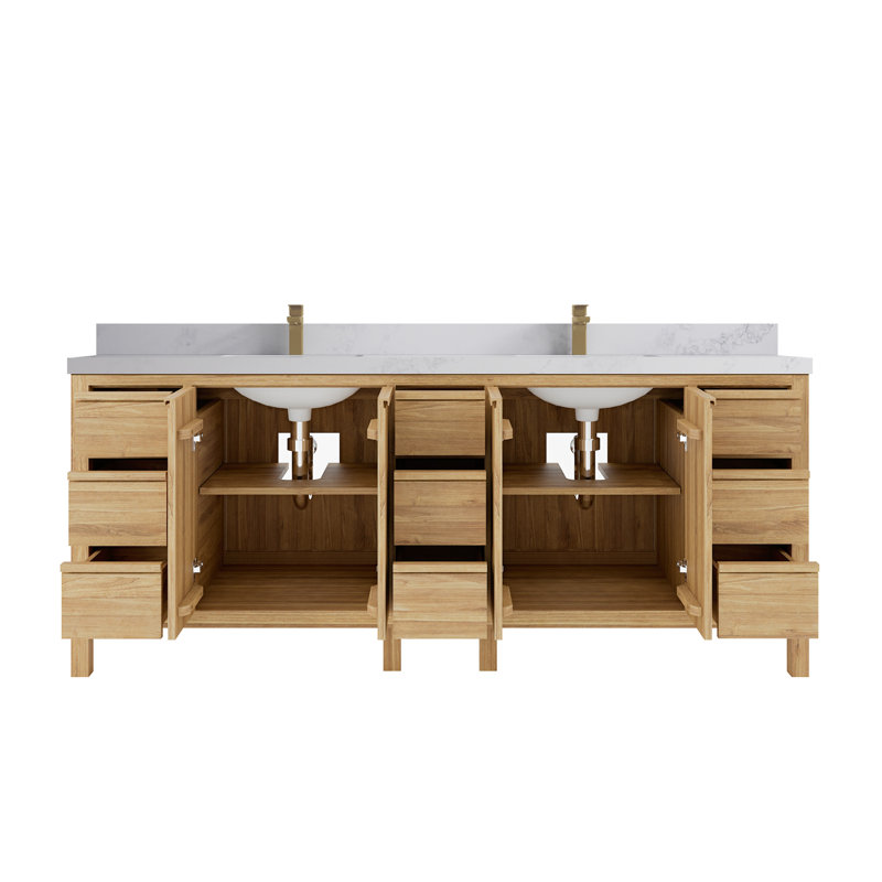 84'' Double Bathroom Vanity with Quartz Top, Calacatta Nuvo, Light Brown