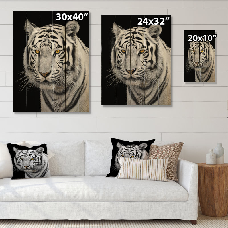 Tigre blanc féroce sur bois, H 20 po x l 10 po x P 0,78 po
